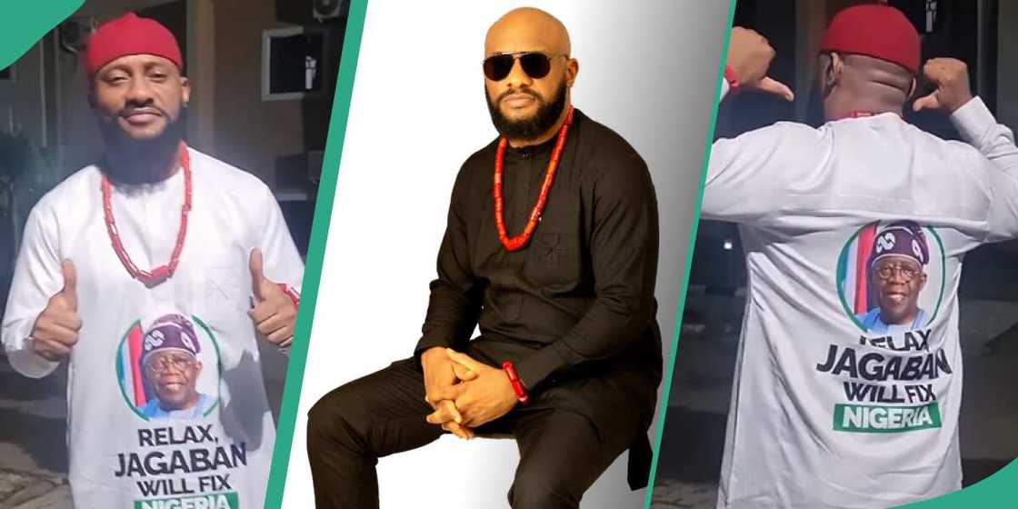 Yul Edochie praises Tinubu, Nollywood actor Yul Edochie, Yul Edochie wear khaftan with Tinubu's face