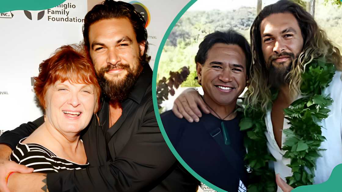 Jason Momoa hugs his mother (L). The actor posing with his arm on his father's shoulder (R).