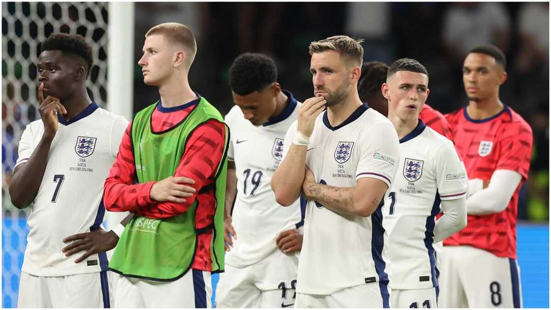 Bukayo Saka, Adam Wharton, Ollie Watkins, Phil Foden, Luke Shaw, Trent Alexander-Arnold stand after Euro 2024 final loss to Spain. Bukayo Saka, Adam Wharton, Ollie Watkins, Phil Foden, Luke Shaw, Trent Alexander-Arnold stand after Euro 2024 final loss to Spain.