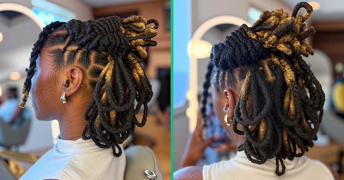 Black and blonde dreadlocked half-up, half-down design