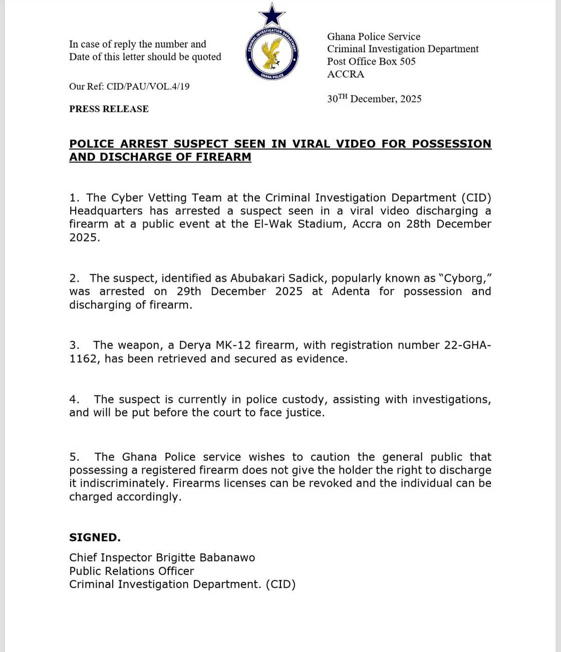 Ghana Police Service cautioned that registered firearms must not be used indiscriminately, highlighting public safety concerns amid urban festivities.