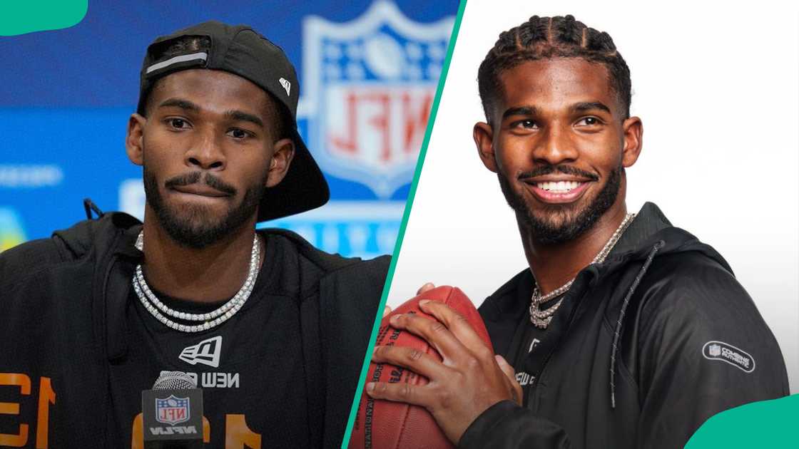 Shedeur Sanders in black outfits and holding a ball Shedeur Sanders in black outfits and holding a ball