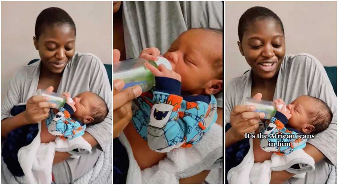Photos of a mother feeding her baby who grabs the bottle. Photos of a mother feeding her baby who grabs the bottle.
