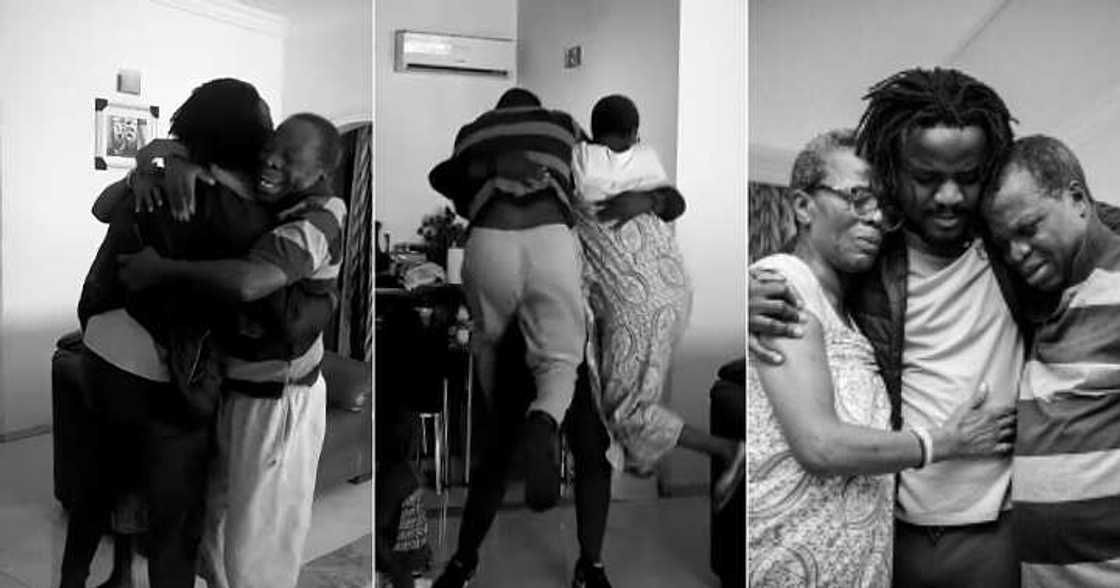 Man reunites with family after three years, lift parents up