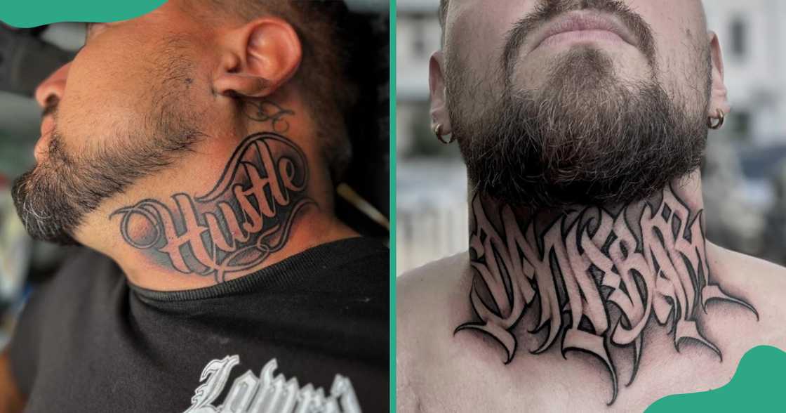 Negative script styles on throat tattoos Negative script styles on throat tattoos
