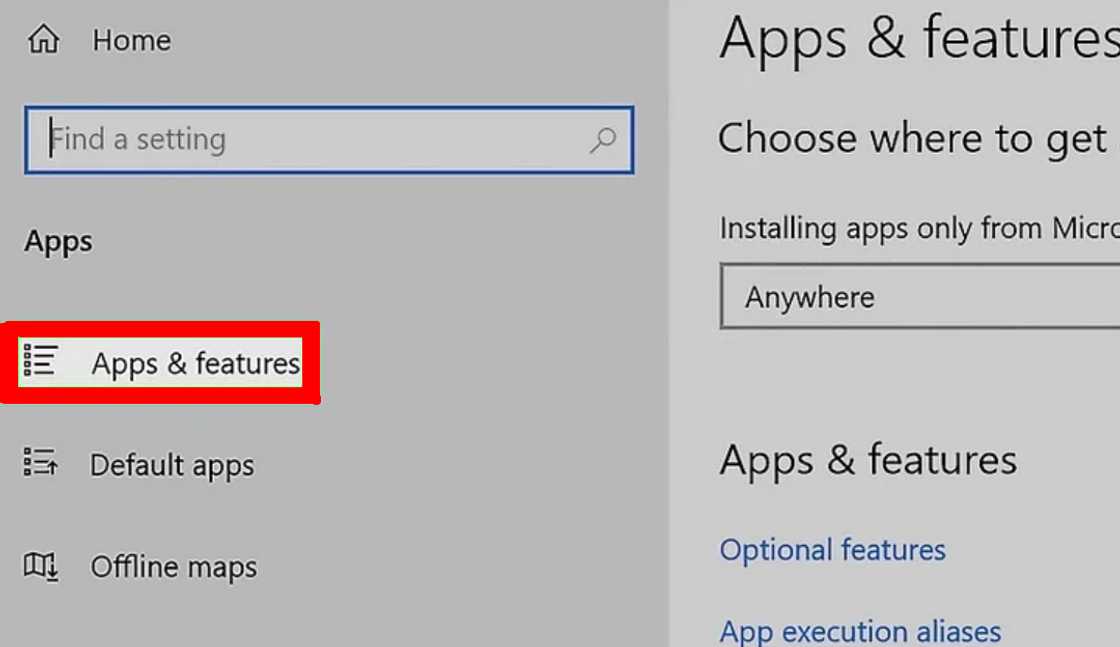 Apps & features section in the Settings menu.