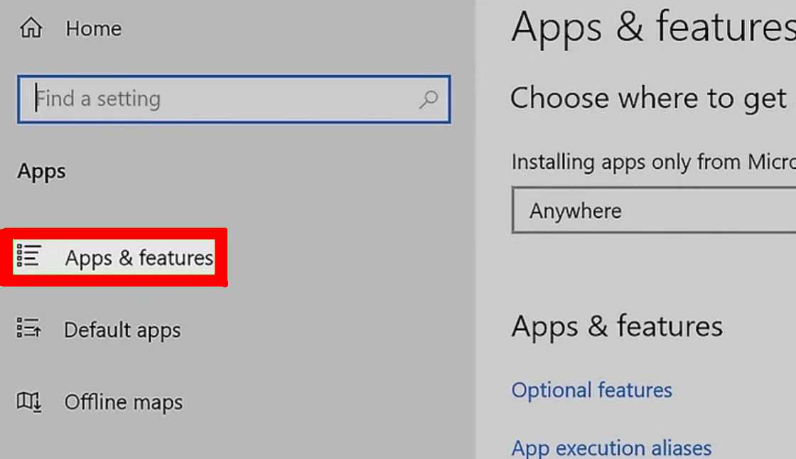 Apps & features section in the Settings menu. Apps & features section in the Settings menu.