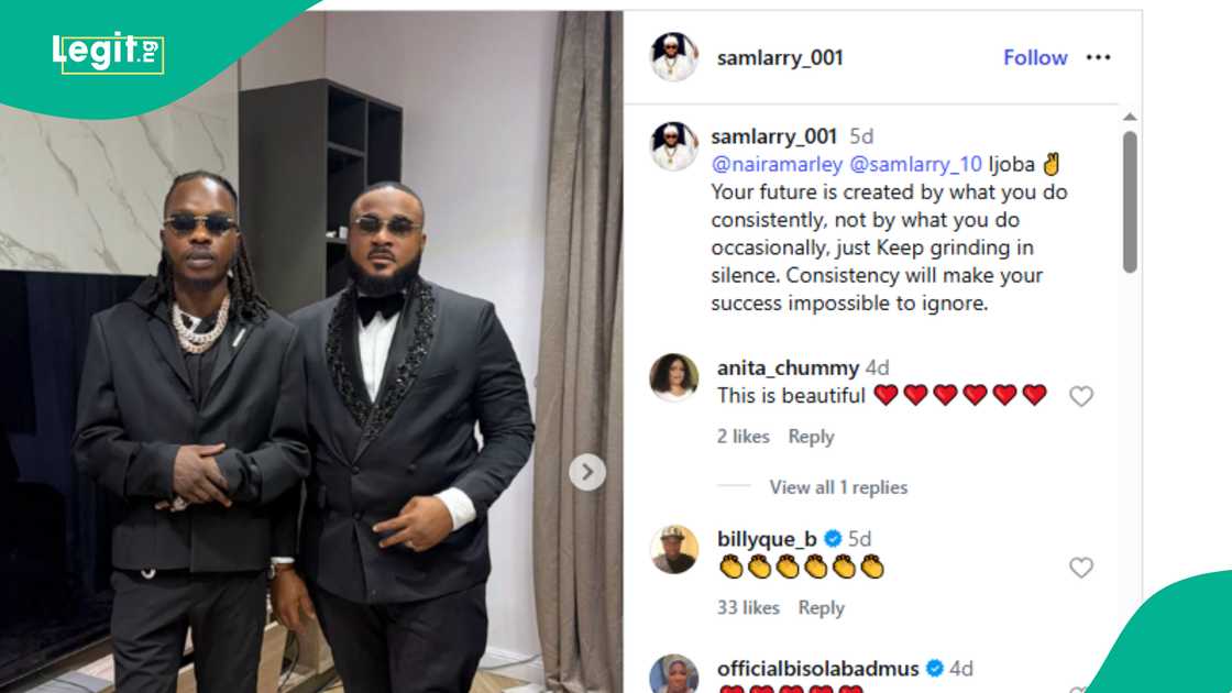 Sociate Sam Larry shares picture of himself rocking a black suit. Sociate Sam Larry shares picture of himself rocking a black suit.