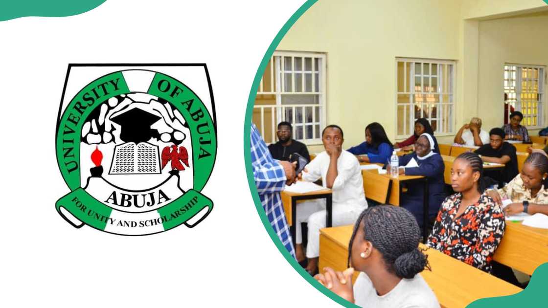 University of Abuja logo and students attending a lecure University of Abuja logo and students attending a lecure