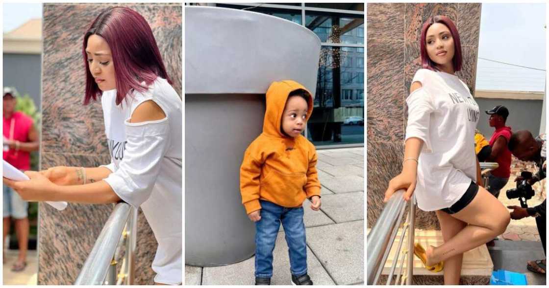 Regina Daniels misses son at work