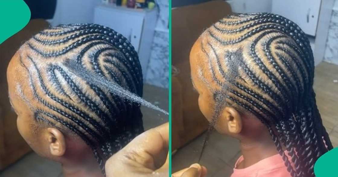 Hairdresser mistakenly leaves out few strands of hair while braiding customer's hair. Hairdresser mistakenly leaves out few strands of hair while braiding customer's hair.