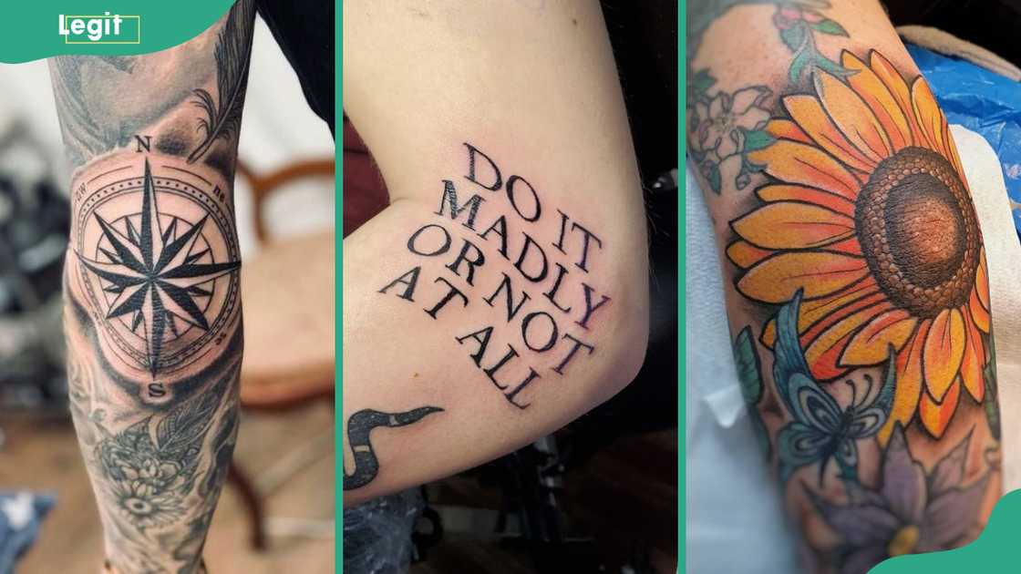 Compass (L), quote (C), sunflower (R) Compass (L), quote (C), sunflower (R)