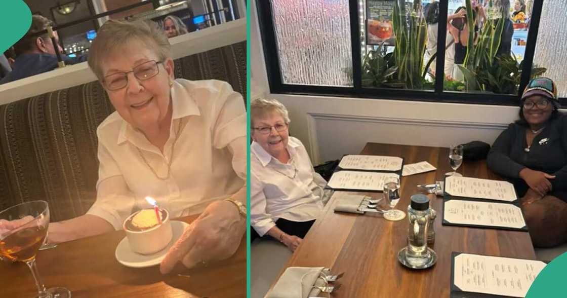 Old woman given a birthday treat. Old woman given a birthday treat.