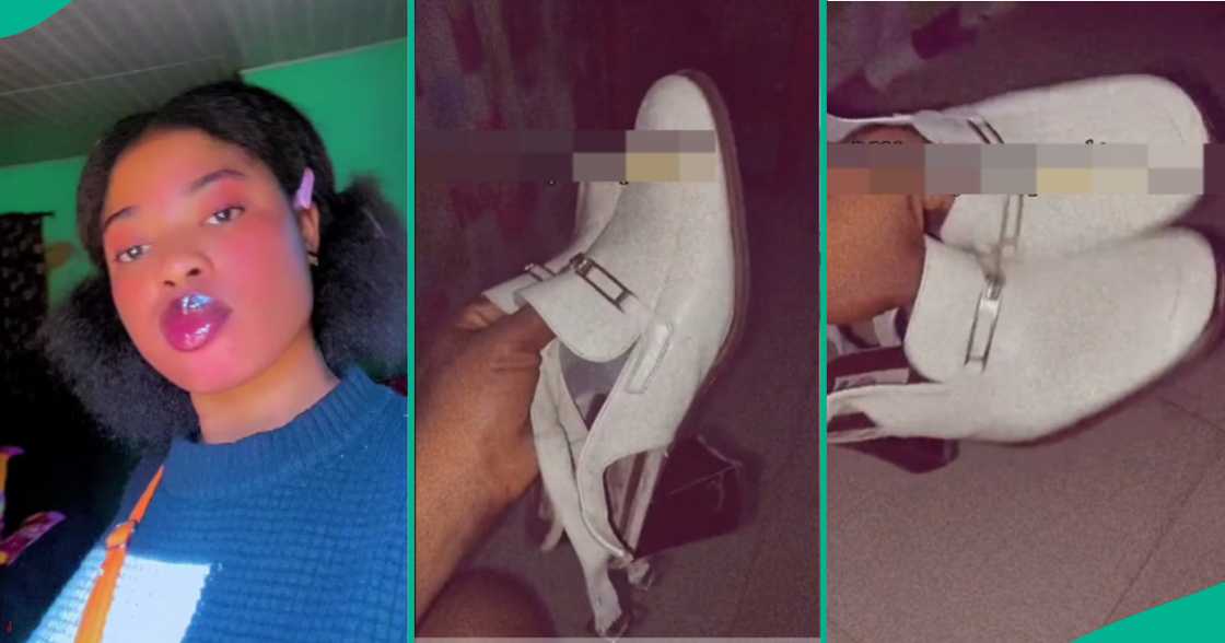 A Nigerian lady going to NYSC camp showed the unique white shoes her mother got for her. A Nigerian lady going to NYSC camp showed the unique white shoes her mother got for her.