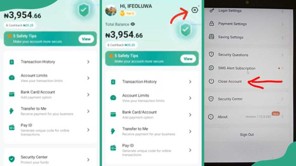A screenshot of the steps to delete an OPay account permanently