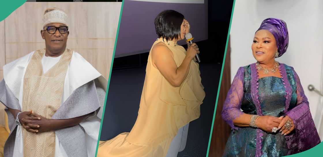 Sola Sobowale kneels to appreciate Adebayo Salami at his movie premiere Sola Sobowale kneels to appreciate Adebayo Salami at his movie premiere