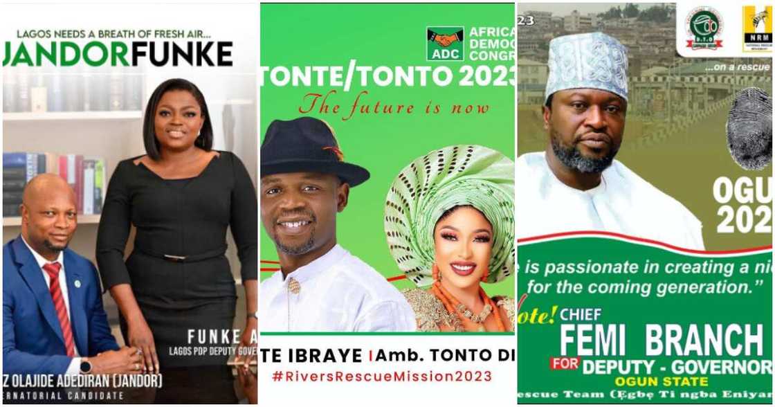 Funke Akindele, Tonto Dikeh, Femi Branch and Carolyn Hutchings all contesting as deputy governors of their state Funke Akindele, Tonto Dikeh, Femi Branch and Carolyn Hutchings all contesting as deputy governors of their state