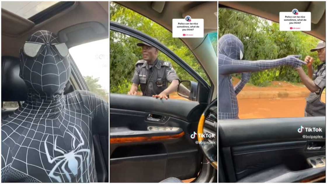 Spiderman costume/man amazed police officer. Spiderman costume/man amazed police officer.