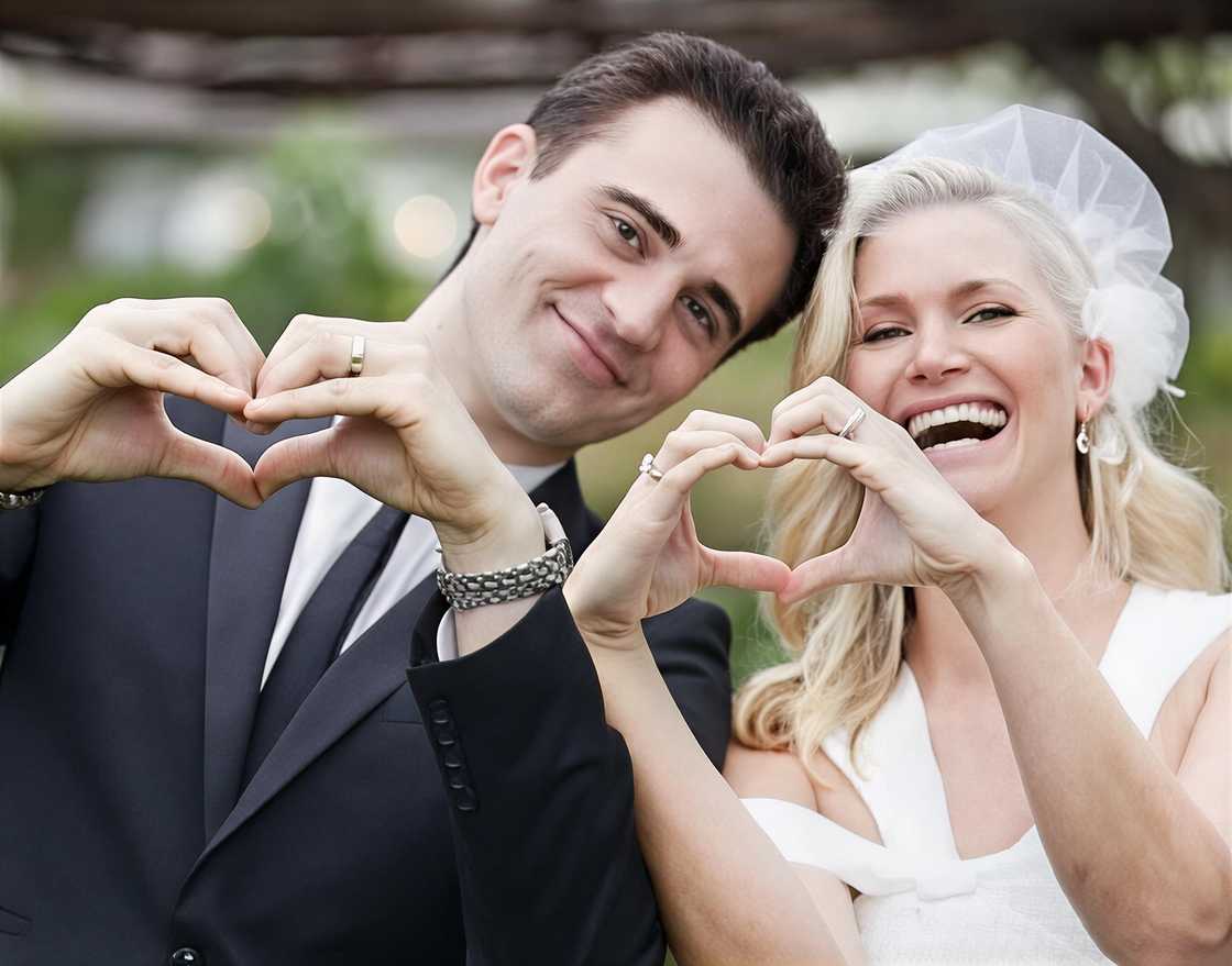 Darius Campbell-Danesh and Natasha Henstridge form heart shapes during their wedding