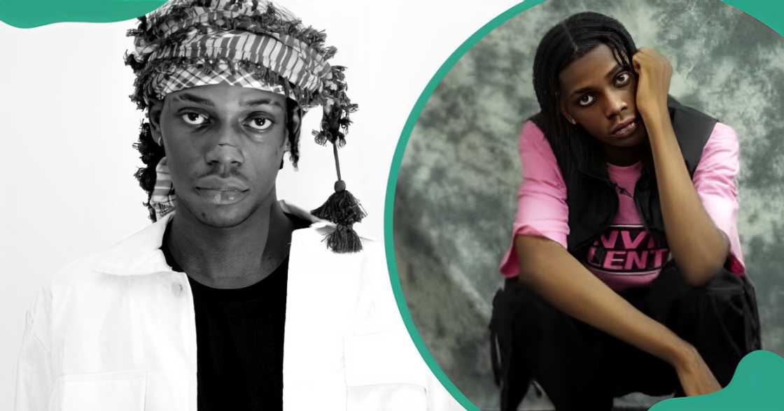 Ayox poses for a photo standing (L). The Afrobeats singer poses for a photo crouching (R). Ayox poses for a photo standing (L). The Afrobeats singer poses for a photo crouching (R).