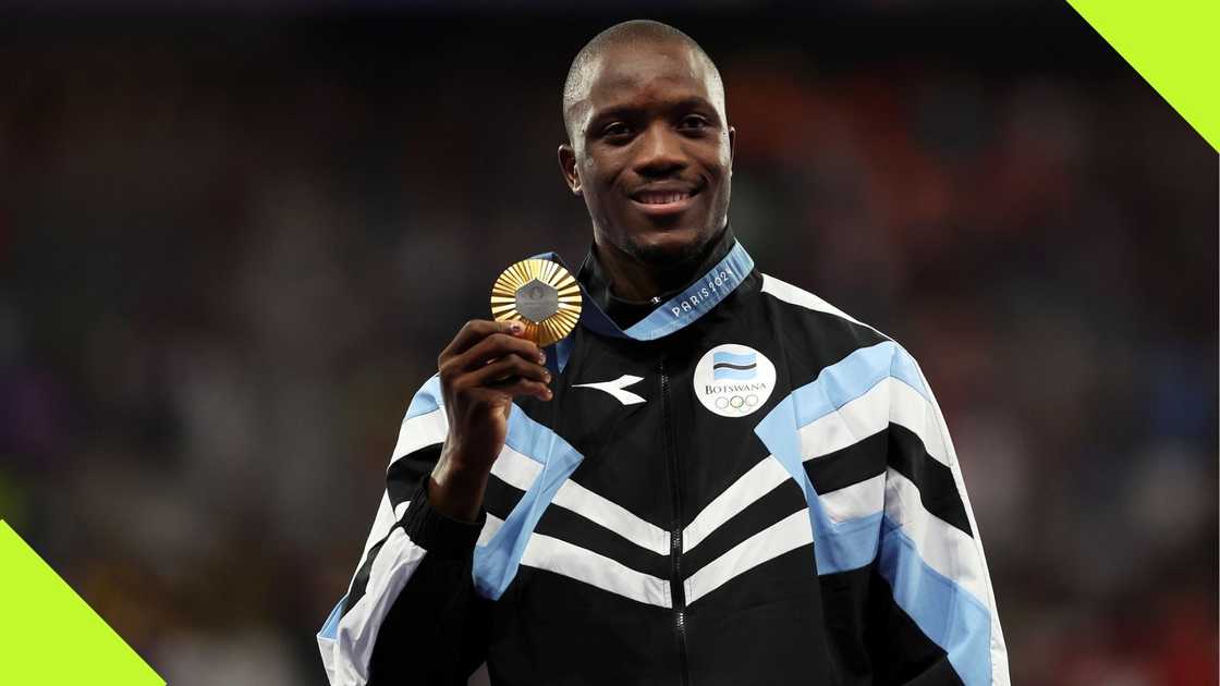 Letsile Tebogo celebrates on the podium during the Men's 200m medal ceremony at the Olympic Games Paris 2024 on August 9, 2024. Photo: Patrick Smith. Letsile Tebogo celebrates on the podium during the Men's 200m medal ceremony at the Olympic Games Paris 2024 on August 9, 2024. Photo: Patrick Smith.