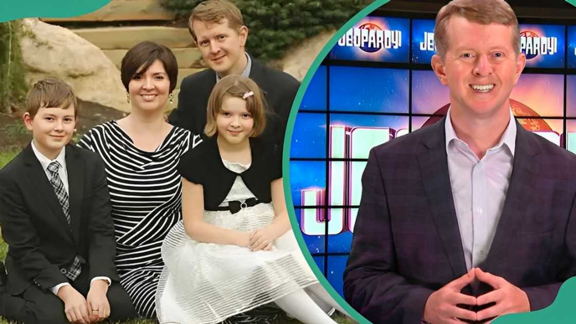 Ken Jennings’ wife and his kids posing outdoors (L). Ken Jennings on the Jeopardy! show (R) Ken Jennings’ wife and his kids posing outdoors (L). Ken Jennings on the Jeopardy! show (R)
