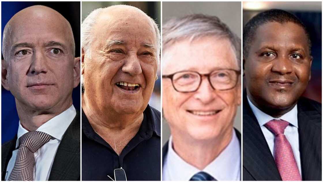 A collage of Jeff, Bill Gates, Dangote, Amancio. Photo source: Biography A collage of Jeff, Bill Gates, Dangote, Amancio. Photo source: Biography