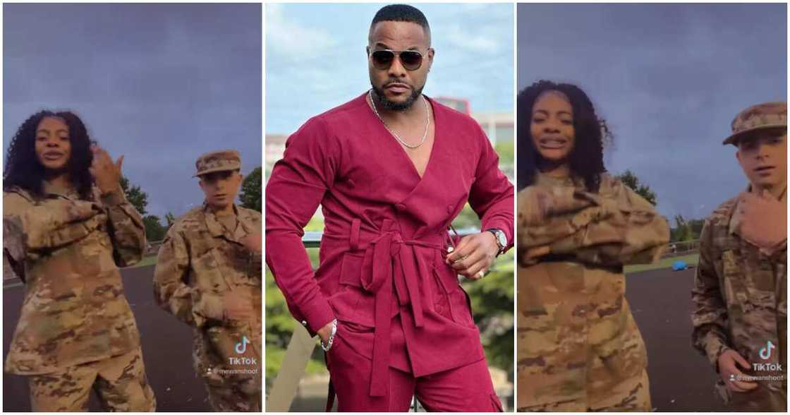 Actor Bolanle Ninalowo's daughter wears military uniform, Bolanle Ninalowo's dances with oyinbo boy Actor Bolanle Ninalowo's daughter wears military uniform, Bolanle Ninalowo's dances with oyinbo boy