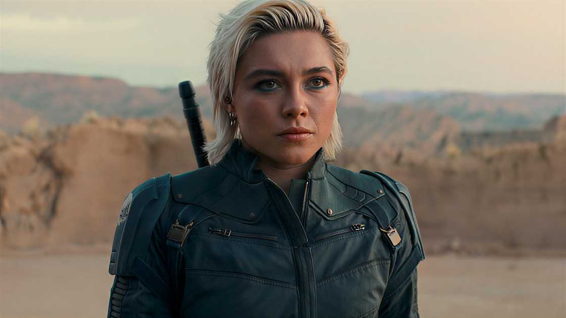 Florence Pugh in character as Yelena Belova Florence Pugh in character as Yelena Belova