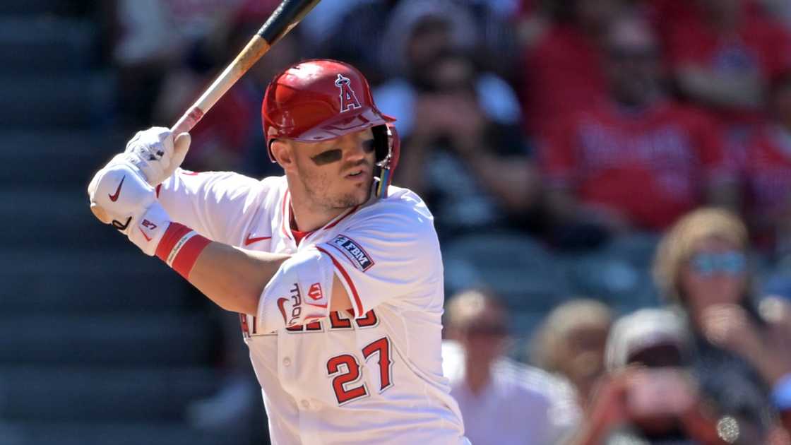 Mike Trout of the Los Angeles Angels prepares to bat against the Minnesota Twins.