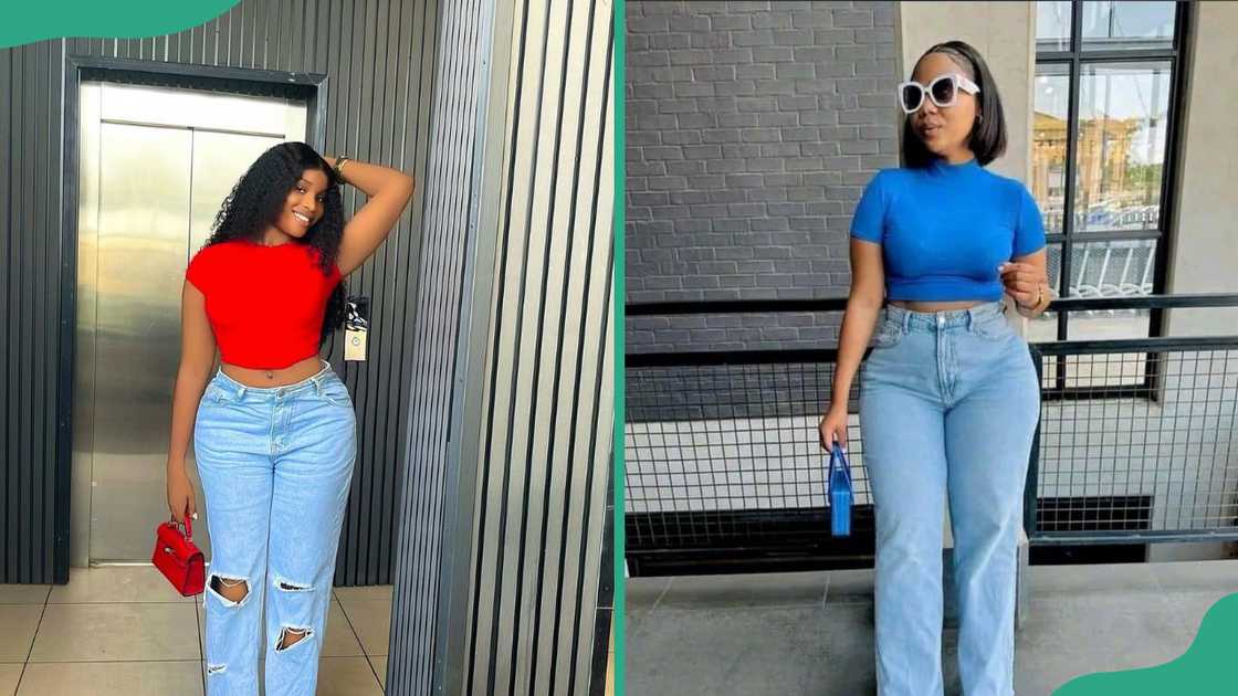 Two ladies showing different colour crop organza tops Two ladies showing different colour crop organza tops