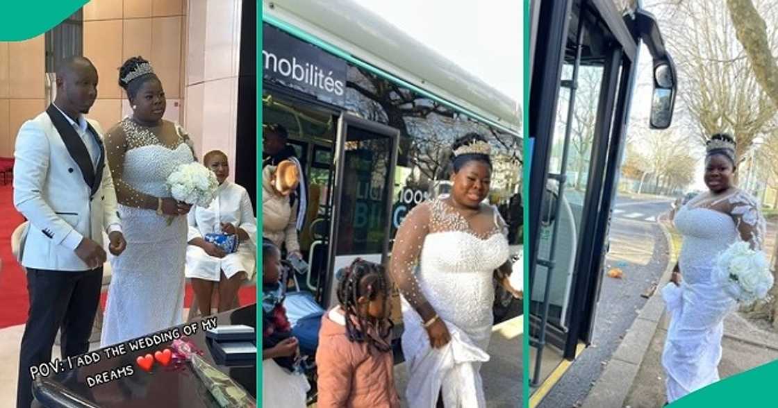 Bride boards public bus on wedding day