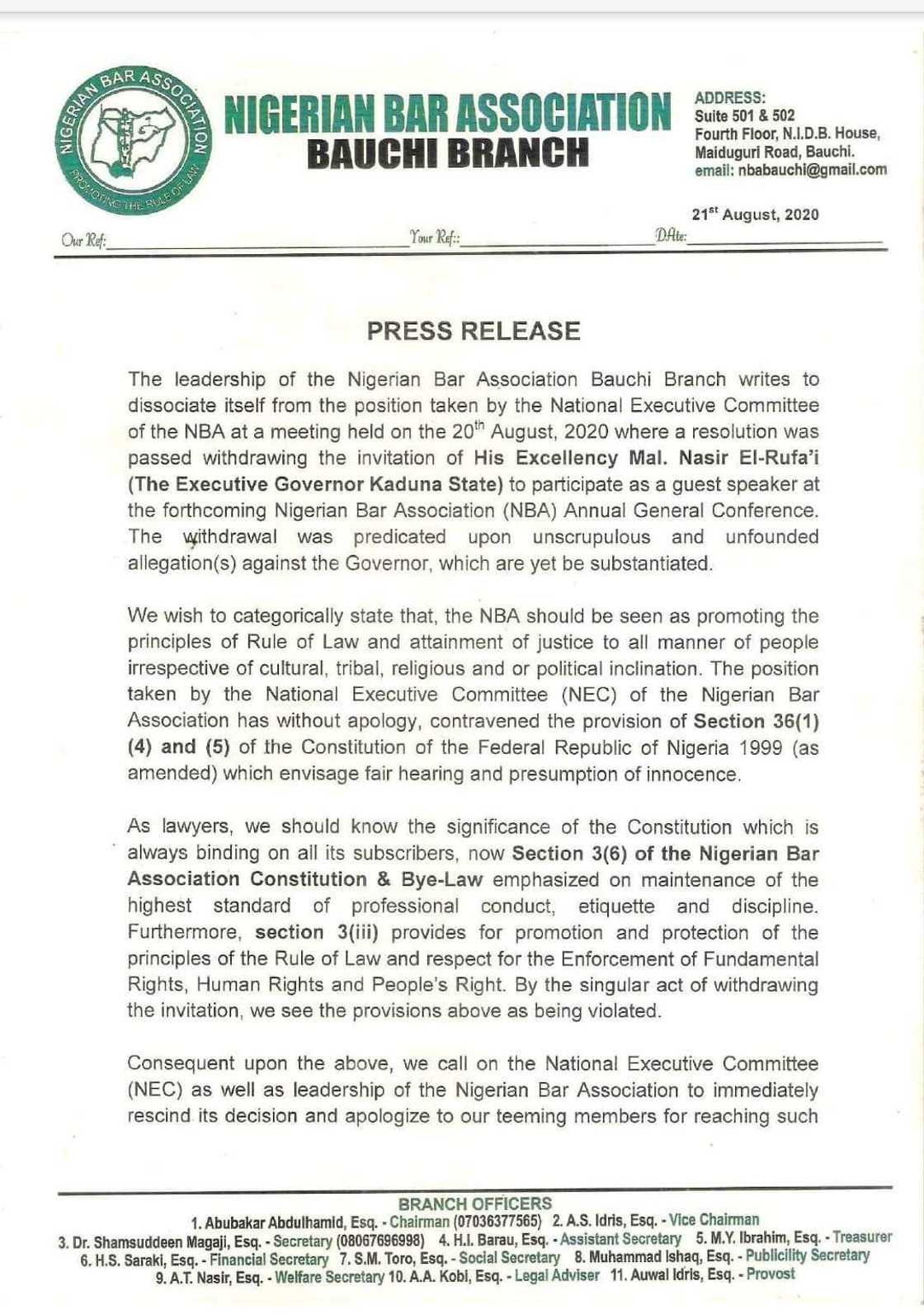 Kamar Jigawa, lauyoyin Bauchi sun yi uwar kungiya bore saboda janye gayyatar El-Rufa'i Kamar Jigawa, lauyoyin Bauchi sun yi uwar kungiya bore saboda janye gayyatar El-Rufa'i