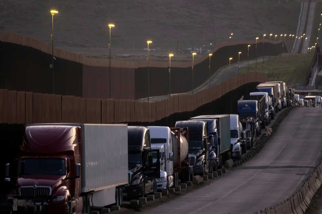 Trucks queue in Tijuana near the Mexico-US border