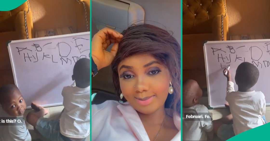 Mother expresses joy as she sees son teaching his brother the alphabet Mother expresses joy as she sees son teaching his brother the alphabet