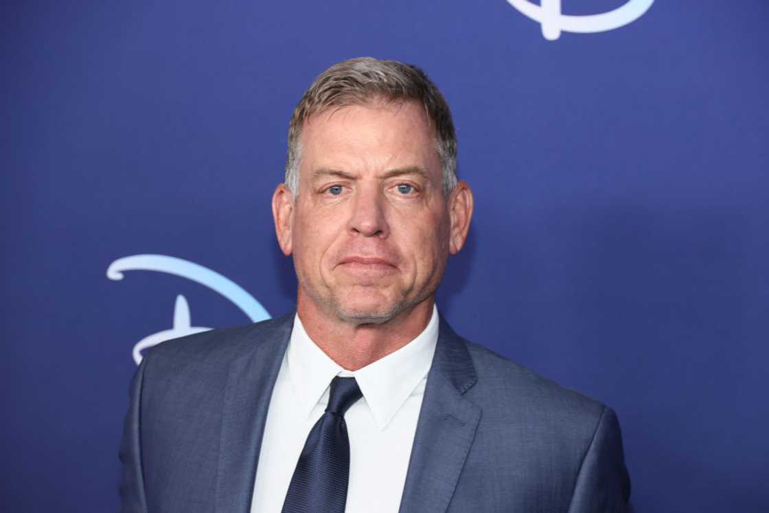Troy Aikman at the 2022 ABC Disney Upfront at Basketball City in New York City. Troy Aikman at the 2022 ABC Disney Upfront at Basketball City in New York City.