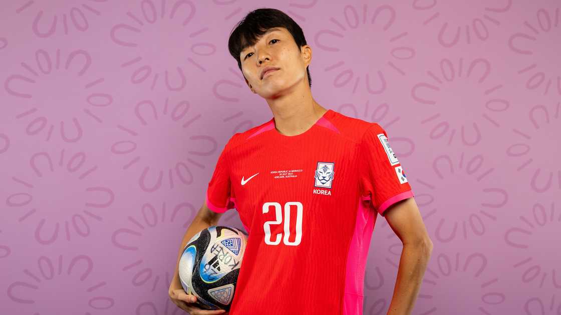 Kim Hye-ri holds a ball in a pose during the 2023 FIFA Women's World Cup portrait session Kim Hye-ri holds a ball in a pose during the 2023 FIFA Women's World Cup portrait session