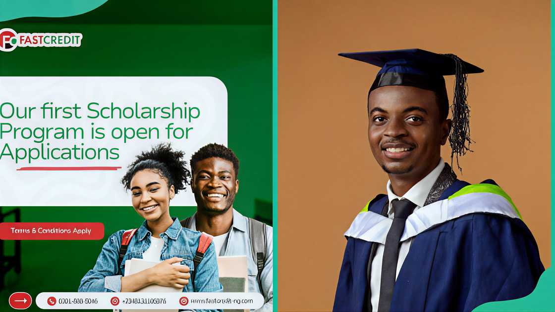 Fast Credit scholarship poster and a portrait of Ibadan student graduating Fast Credit scholarship poster and a portrait of Ibadan student graduating