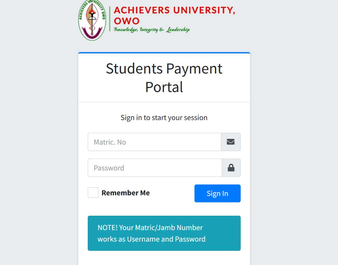A screenshot of Achievers University payment portal page. A screenshot of Achievers University payment portal page.