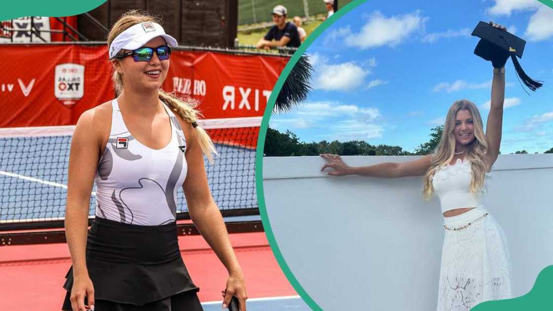 Anna Leigh Waters on a pickleball court (L). The pickleball player holding a graduation cap (R)