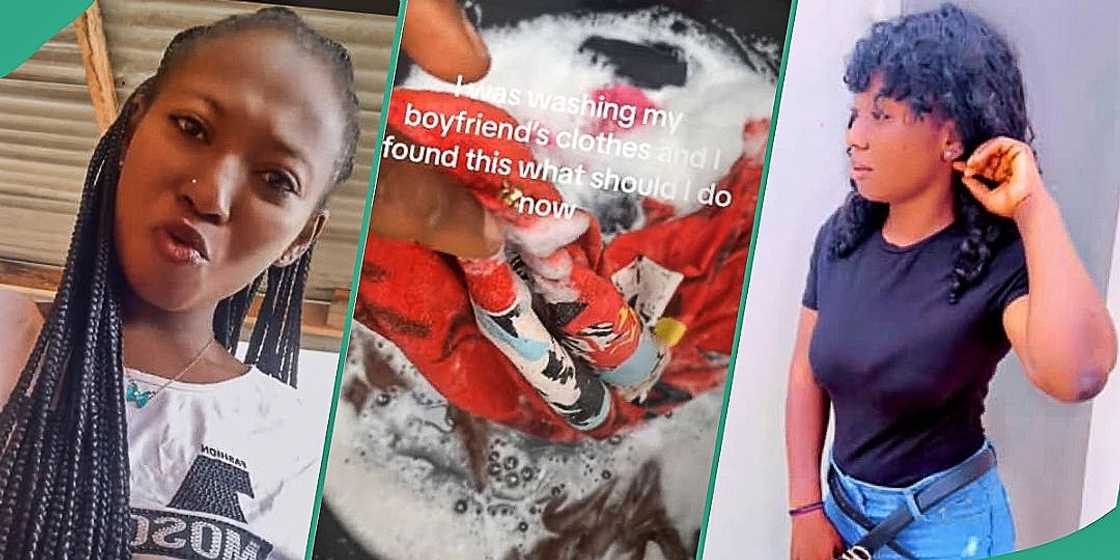 Lady displays object she found in boyfriend's clothes