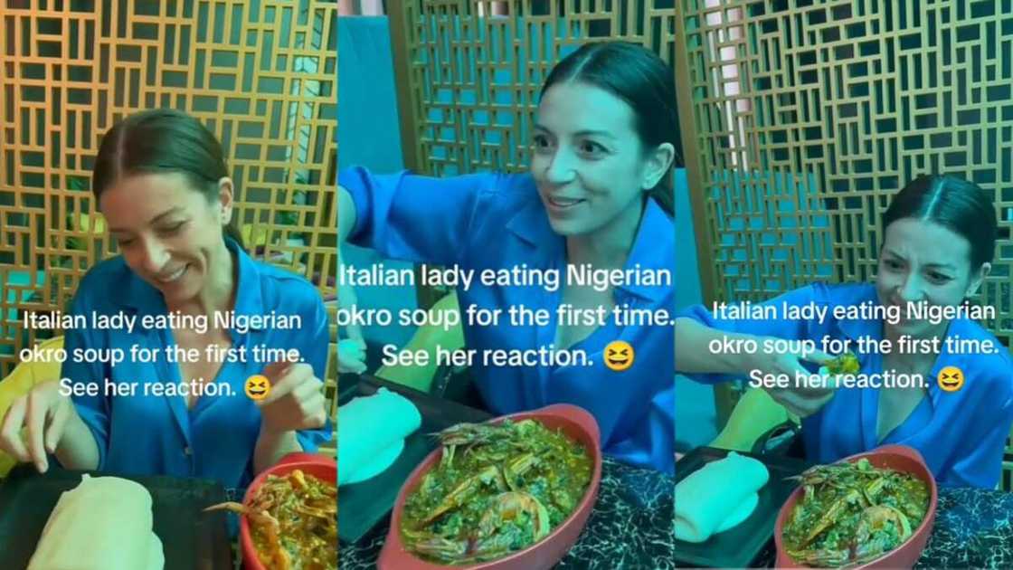 Oyinbo woman eats okro soup Oyinbo woman eats okro soup