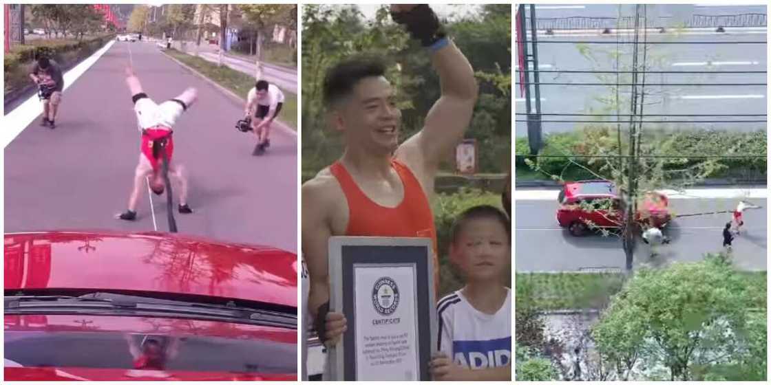 Young school teacher breaks Guinness World Record for pulling a car while walking with his hands in video Young school teacher breaks Guinness World Record for pulling a car while walking with his hands in video