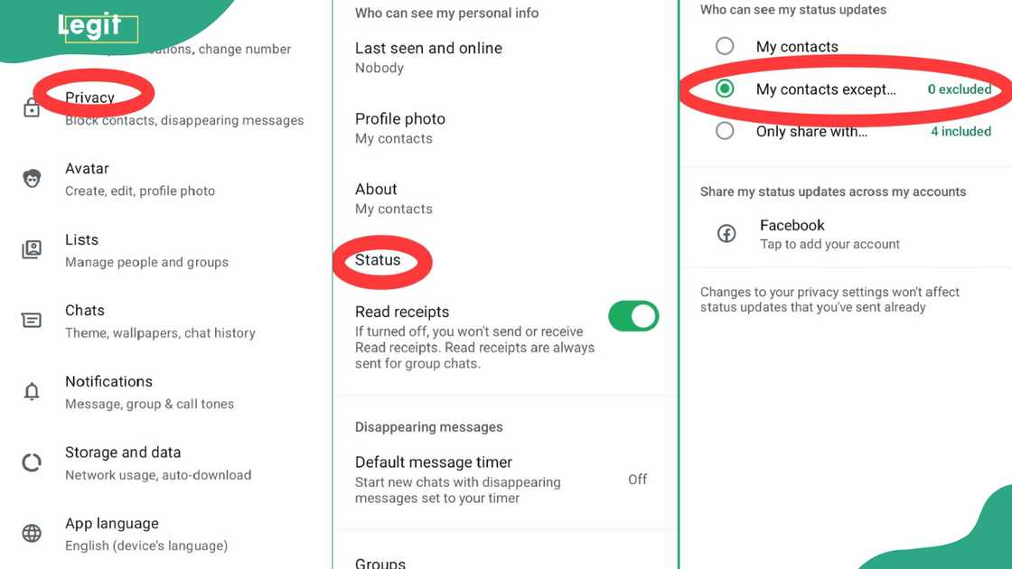 Process of restricting someone from viewing your status on WhatsApp on Android