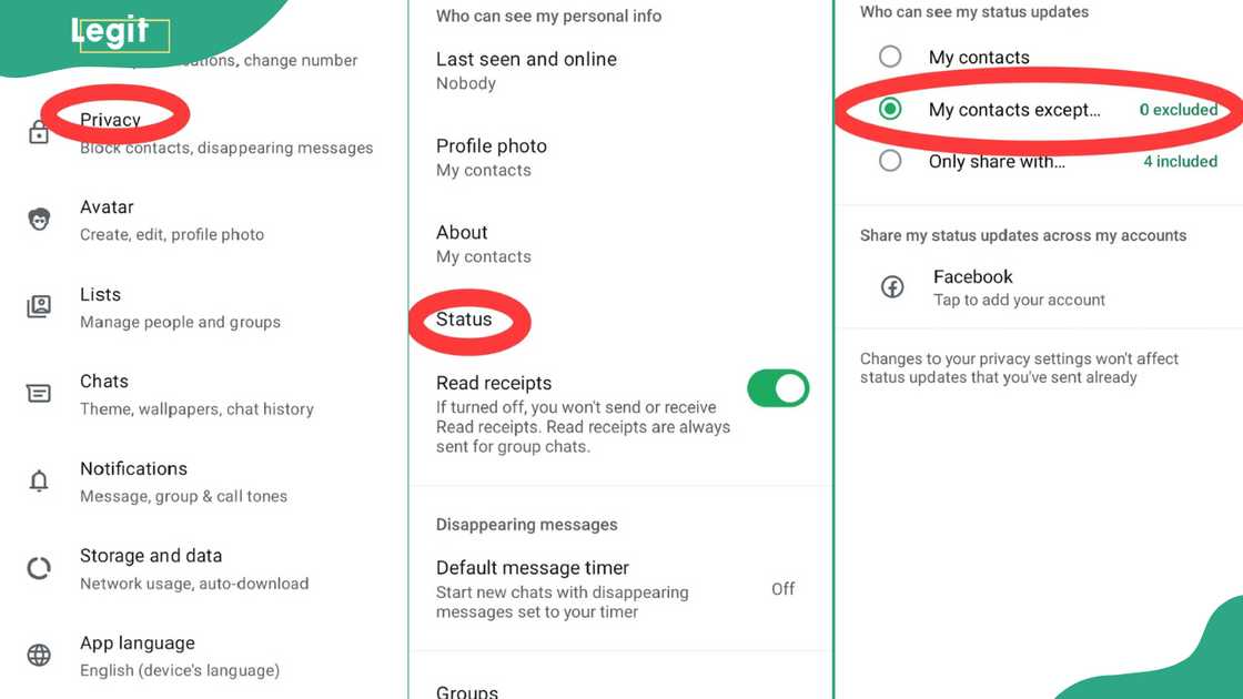 Process of restricting someone from viewing your status on WhatsApp on Android Process of restricting someone from viewing your status on WhatsApp on Android
