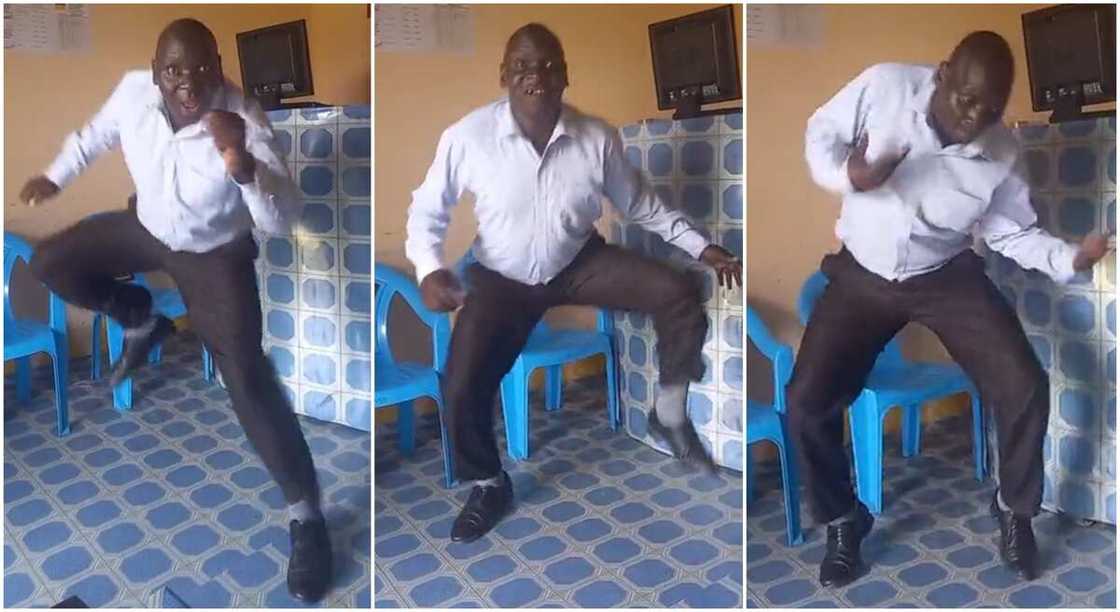 Photos of a man dancing inside a neat room.