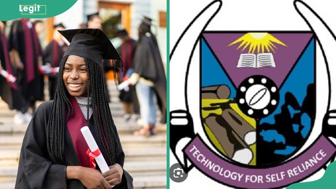 A smiling scholar clasping her certificate of graduation (L). The FUTA logo (R)