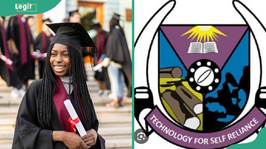 A smiling scholar clasping her certificate of graduation (L). The FUTA logo (R) A smiling scholar clasping her certificate of graduation (L). The FUTA logo (R)