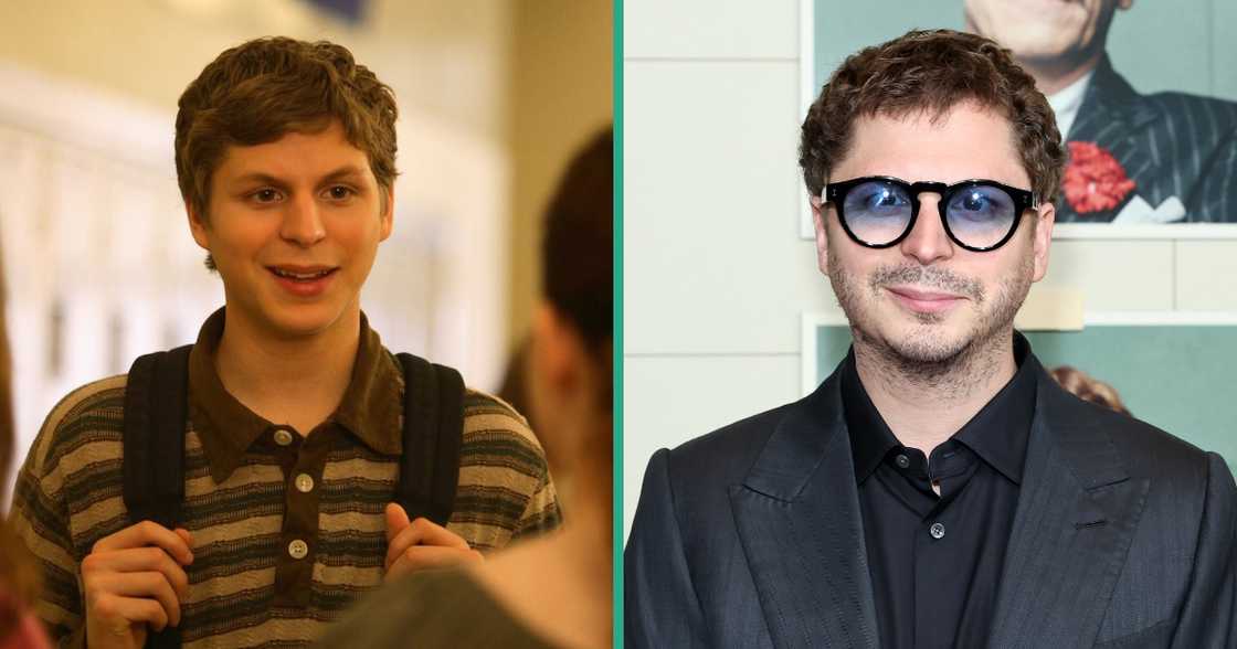 Michael Cera in conversation in a scene from Superbad and on the red carpet