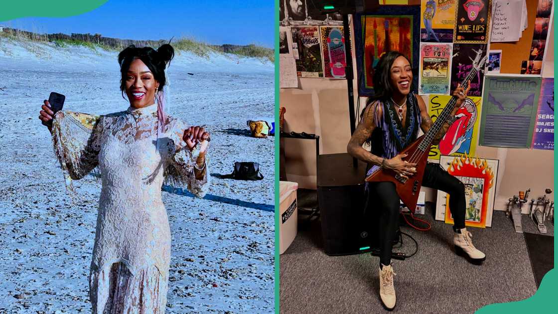 Alicia Fox posing for a photo outside the icy ground (L) and in a music studio (R)